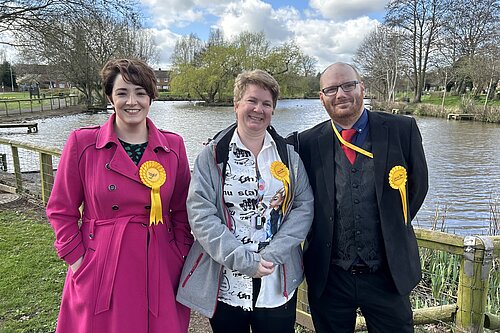 Sara Allmark, Kerrie Miles and Martin Mcleod by Batchley Pond
